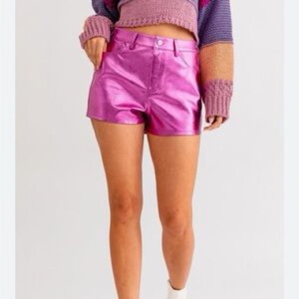 Le Lis Shiny Pink High Waist Shorts S New